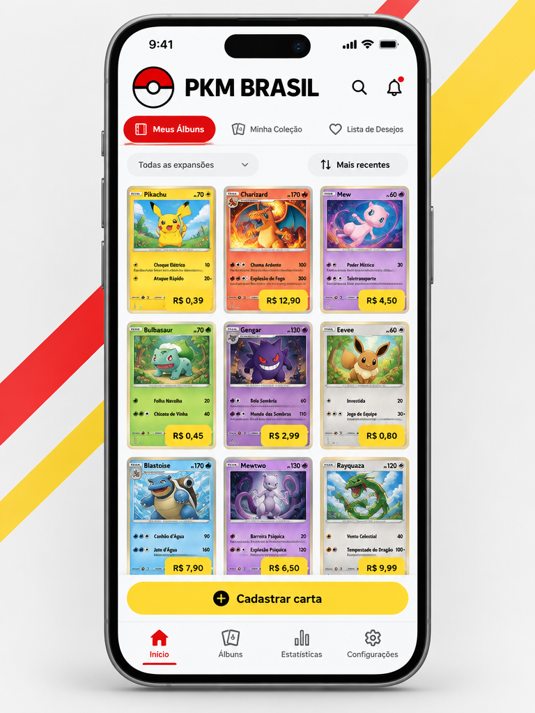 Celular mostrando o álbum de cartas do PKM BRASIL com valores em reais